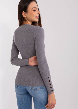 Ribbed Viscose Sweater with Button Sleeve Detail - MimiStylez