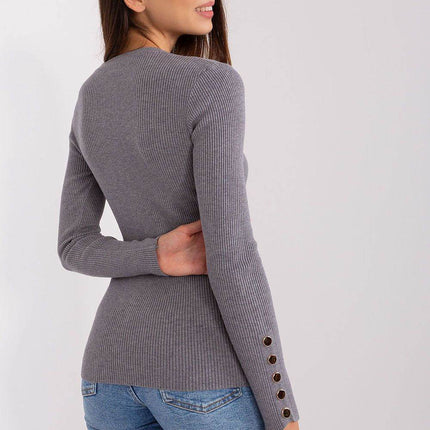 Ribbed Viscose Sweater with Button Sleeve Detail - MimiStylez