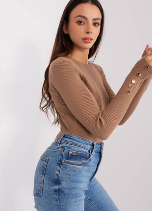 Ribbed Viscose Sweater with Button Sleeve Detail - MimiStylez
