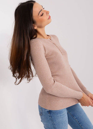 Ribbed V-Neck Sweater with Decorative Zircon Buttons - MimiStylez