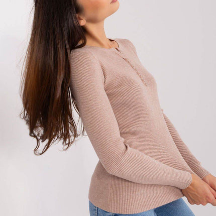 Ribbed V-Neck Sweater with Decorative Zircon Buttons - MimiStylez
