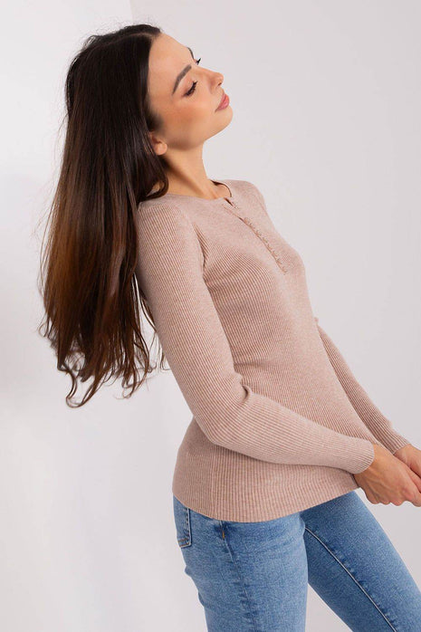 Ribbed V-Neck Sweater with Decorative Zircon Buttons - MimiStylez