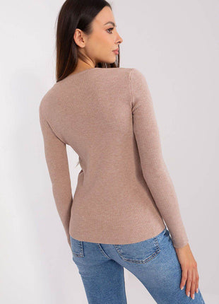 Ribbed V-Neck Sweater with Decorative Zircon Buttons - MimiStylez