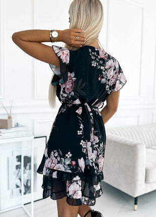 Feminine Rose Print Chiffon Midi Dress with Ruffles, Belt & Envelope Neckline - MimiStylez