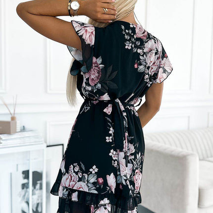 Feminine Rose Print Chiffon Midi Dress with Ruffles, Belt & Envelope Neckline - MimiStylez