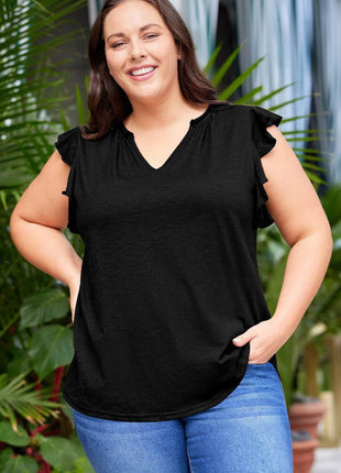 Plus Size Flutter Sleeve Notched Blouse - MimiStylez