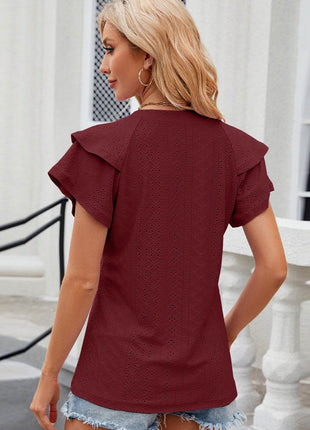 Eyelet Notched Flutter Sleeve T-Shirt - MimiStylez