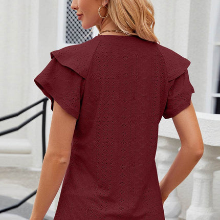 Eyelet Notched Flutter Sleeve T-Shirt - MimiStylez