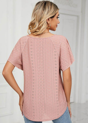 Eyelet Tie-Neck Flutter Sleeve Top - MimiStylez