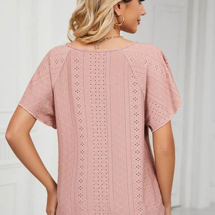 Eyelet Tie-Neck Flutter Sleeve Top - MimiStylez