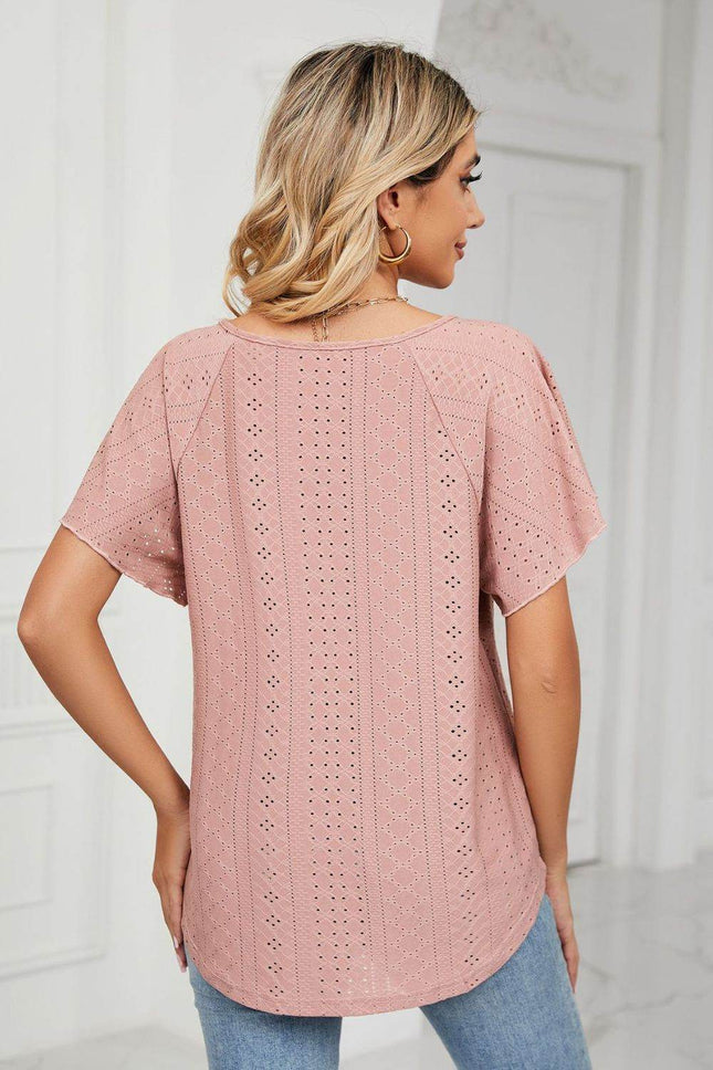Eyelet Tie-Neck Flutter Sleeve Top - MimiStylez