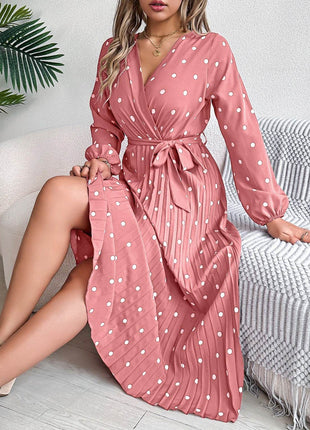 Tied Polka Dot Long Sleeve Midi Dress - MimiStylez