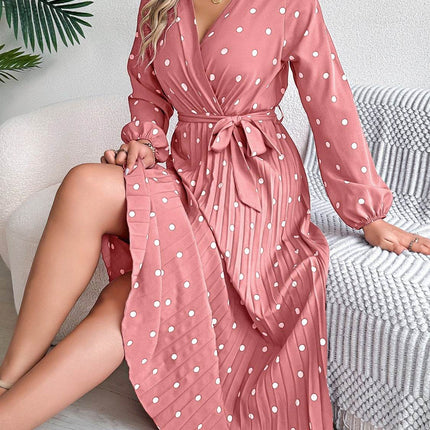 Tied Polka Dot Long Sleeve Midi Dress - MimiStylez