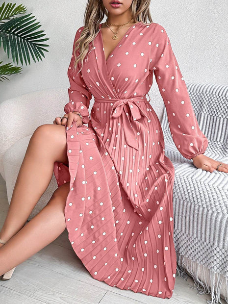 Tied Polka Dot Long Sleeve Midi Dress - MimiStylez