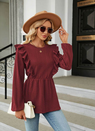 Round Neck Ruffled Peplum Blouse - MimiStylez