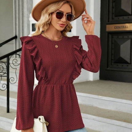 Round Neck Ruffled Peplum Blouse - MimiStylez