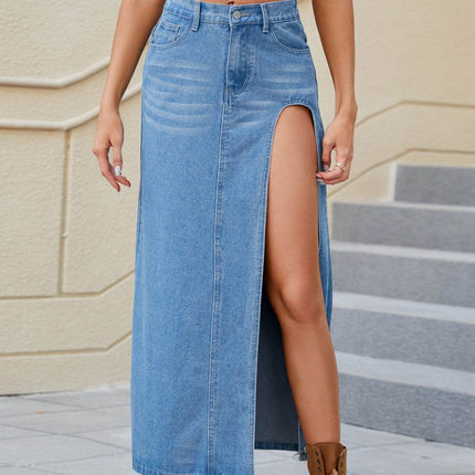 Slit Buttoned Denim Skirt with Pockets - MimiStylez