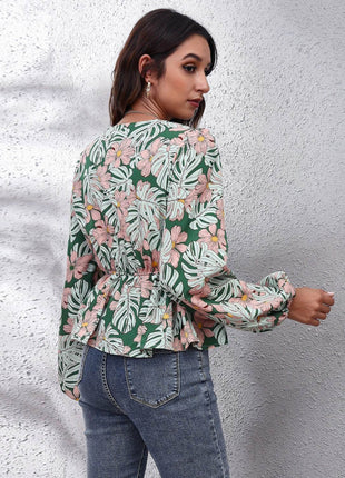 Floral V-Neck Balloon Sleeve Peplum Blouse - MimiStylez