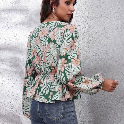 Floral V-Neck Balloon Sleeve Peplum Blouse - MimiStylez