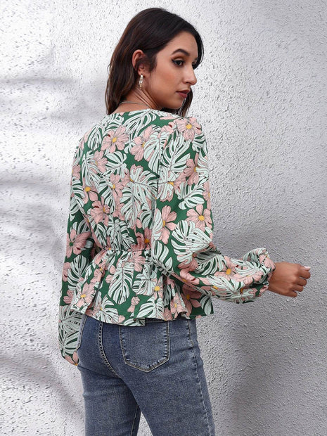 Floral V-Neck Balloon Sleeve Peplum Blouse - MimiStylez