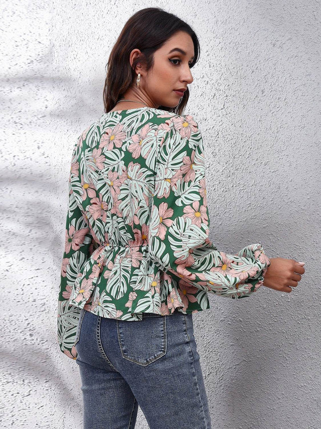 Floral V-Neck Balloon Sleeve Peplum Blouse - MimiStylez