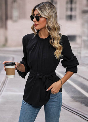 Round Neck Tie Waist Long Sleeve Blouse - MimiStylez