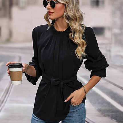 Round Neck Tie Waist Long Sleeve Blouse - MimiStylez