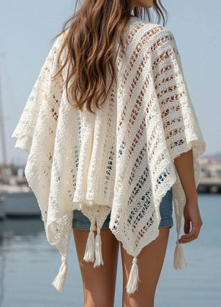 Openwork Tassel Open Front Knit Cover Up - MimiStylez