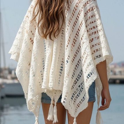 Openwork Tassel Open Front Knit Cover Up - MimiStylez