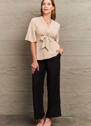 V-Neck Tie Front Half Sleeve Blouse - MimiStylez