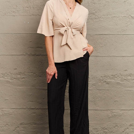 V-Neck Tie Front Half Sleeve Blouse - MimiStylez