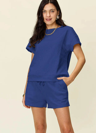 Double Take Full Size Texture Short Sleeve T-Shirt and Drawstring Shorts Set - MimiStylez