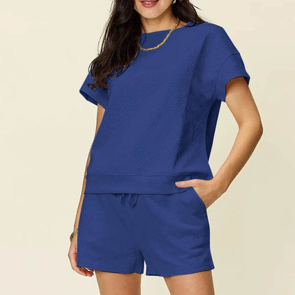 Double Take Full Size Texture Short Sleeve T-Shirt and Drawstring Shorts Set - MimiStylez