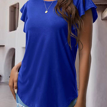 Ruffled Round Neck Cap Sleeve Blouse - MimiStylez