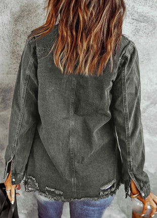 Distressed Raw Hem Snap Down Denim Jacket - MimiStylez