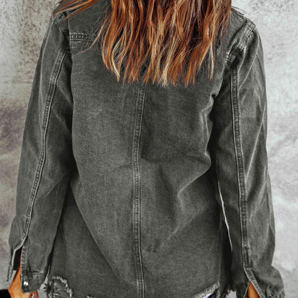 Distressed Raw Hem Snap Down Denim Jacket - MimiStylez