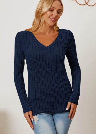 Basic Bae Full Size Ribbed V-Neck Long Sleeve T-Shirt - MimiStylez