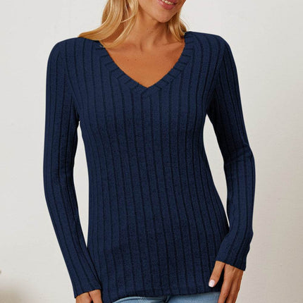 Basic Bae Full Size Ribbed V-Neck Long Sleeve T-Shirt - MimiStylez
