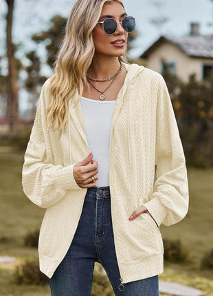 Drawstring Zip Up Dropped Shoulder Hoodie - MimiStylez