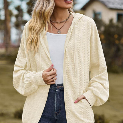 Drawstring Zip Up Dropped Shoulder Hoodie - MimiStylez