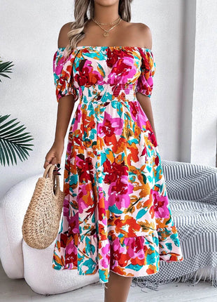 Ruffled Hem Smocked Floral Short Sleeve Midi Dress - MimiStylez