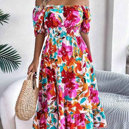 Ruffled Hem Smocked Floral Short Sleeve Midi Dress - MimiStylez