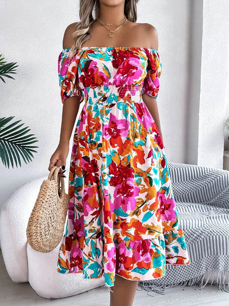 Ruffled Hem Smocked Floral Short Sleeve Midi Dress - MimiStylez