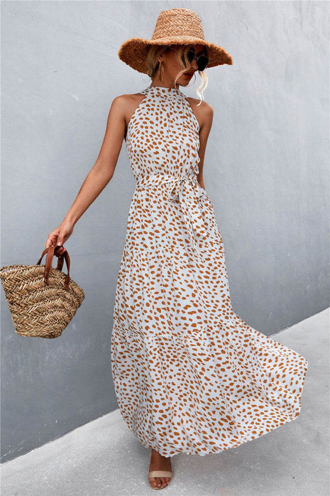 Printed Sleeveless Tie Waist Maxi Dress - MimiStylez