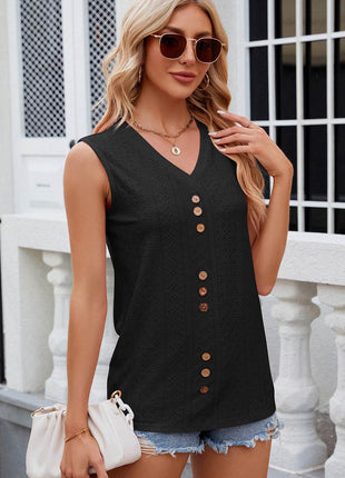 Decorative Button Eyelet V-Neck Tank - MimiStylez