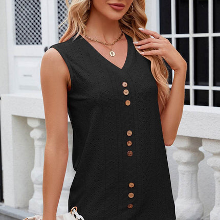 Decorative Button Eyelet V-Neck Tank - MimiStylez