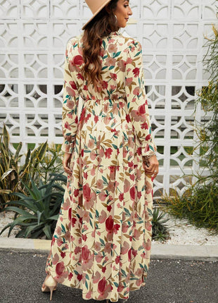 Floral Frill Trim Flounce Sleeve Plunge Maxi Dress - MimiStylez