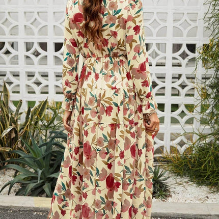 Floral Frill Trim Flounce Sleeve Plunge Maxi Dress - MimiStylez
