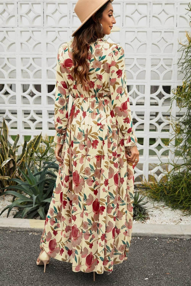 Floral Frill Trim Flounce Sleeve Plunge Maxi Dress - MimiStylez