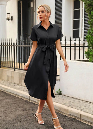 Tied Button Up Shirt Dress - MimiStylez